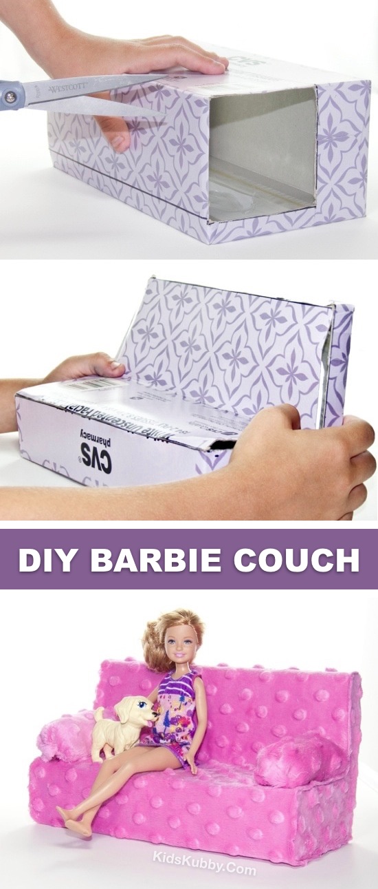 How to Make An Easy DIY Barbie Couch -- Lots of easy barbie doll crafts for kids and projects here! Cute craft ideas for girls to make for their dolls and Barbies. #kidskubby