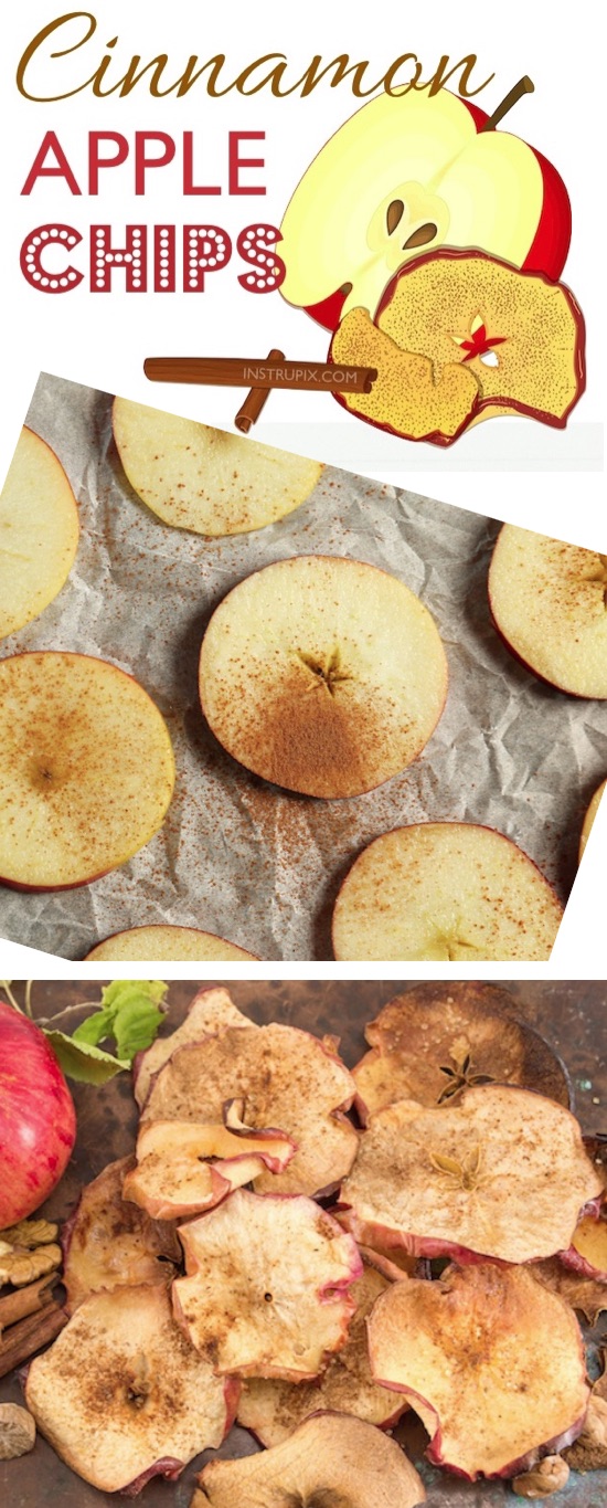Easy and healthy 2 ingredients snack recipe! Baked Apple Cinnamon Chips -- Kids and adults love this healthy snack idea! It's perfect for fall or any time of year. 