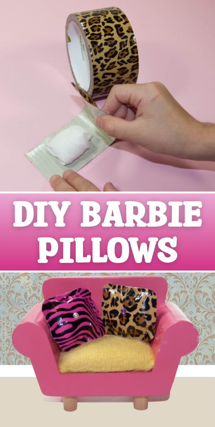 If you're looking for barbie crafts to make for her stylish house, check out these DIY throw pillows made with duct tape and cotton balls! A cheap and easy Barbie craft that will make your Barbie home look awesome.