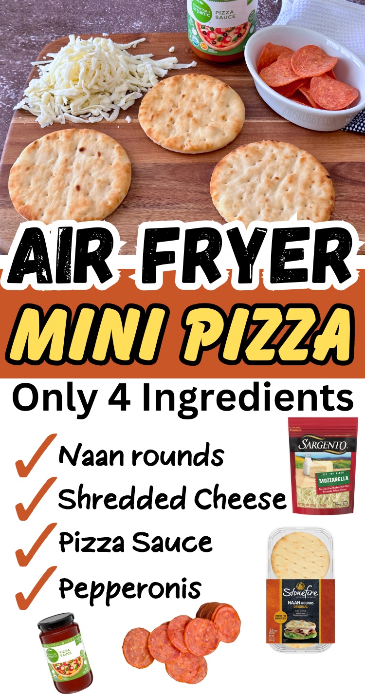 air fryer recipe, mini pizzas, easy dinner idea, fun recipe for kids, 5 minute dinner idea. 