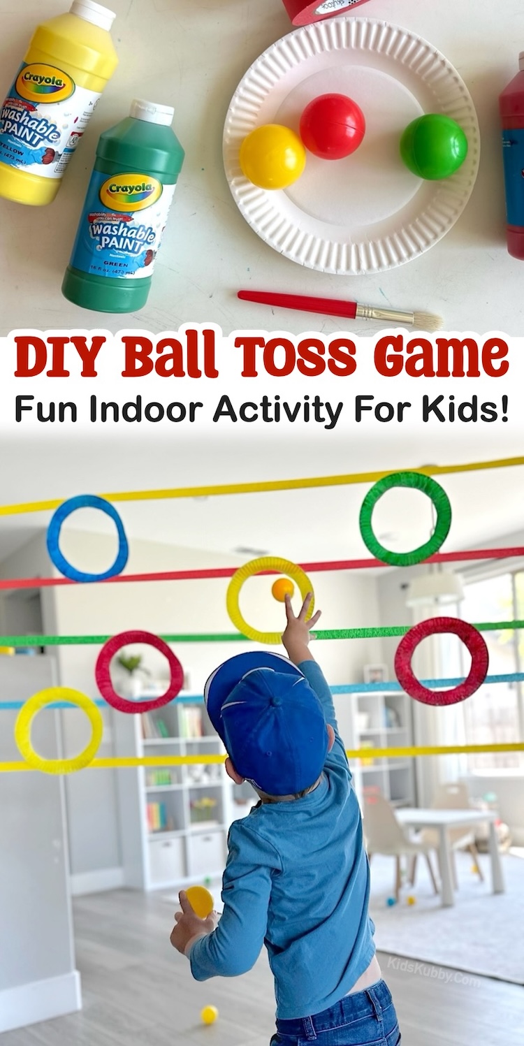 How to make a fun and exciting ball toss game for kids to play indoors! This simple activity is easy to make with cheap supplies including paper plates, masking tape, and some optional paint to make it colorful. Great for bored preschoolers on a rainy day at home!
