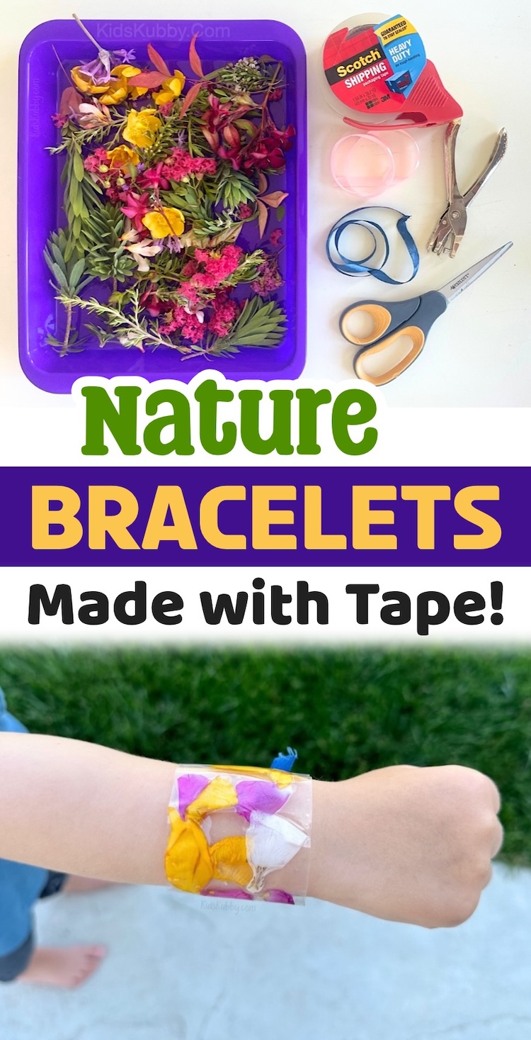 A fun and exciting activity for kids that involves a nature walk and a wearable bracelet made out of clear packing tape. An easy way to get them outside exploring this spring and summer! The best part is, this project didn’t cost me any money because I already had the cheap supplies on hand. You're basically smashing flowers and leaves between two pieces of clear tape, punching a few holes, and then looping in some ribbon to create awesome little bracelets for your kids to make and wear!