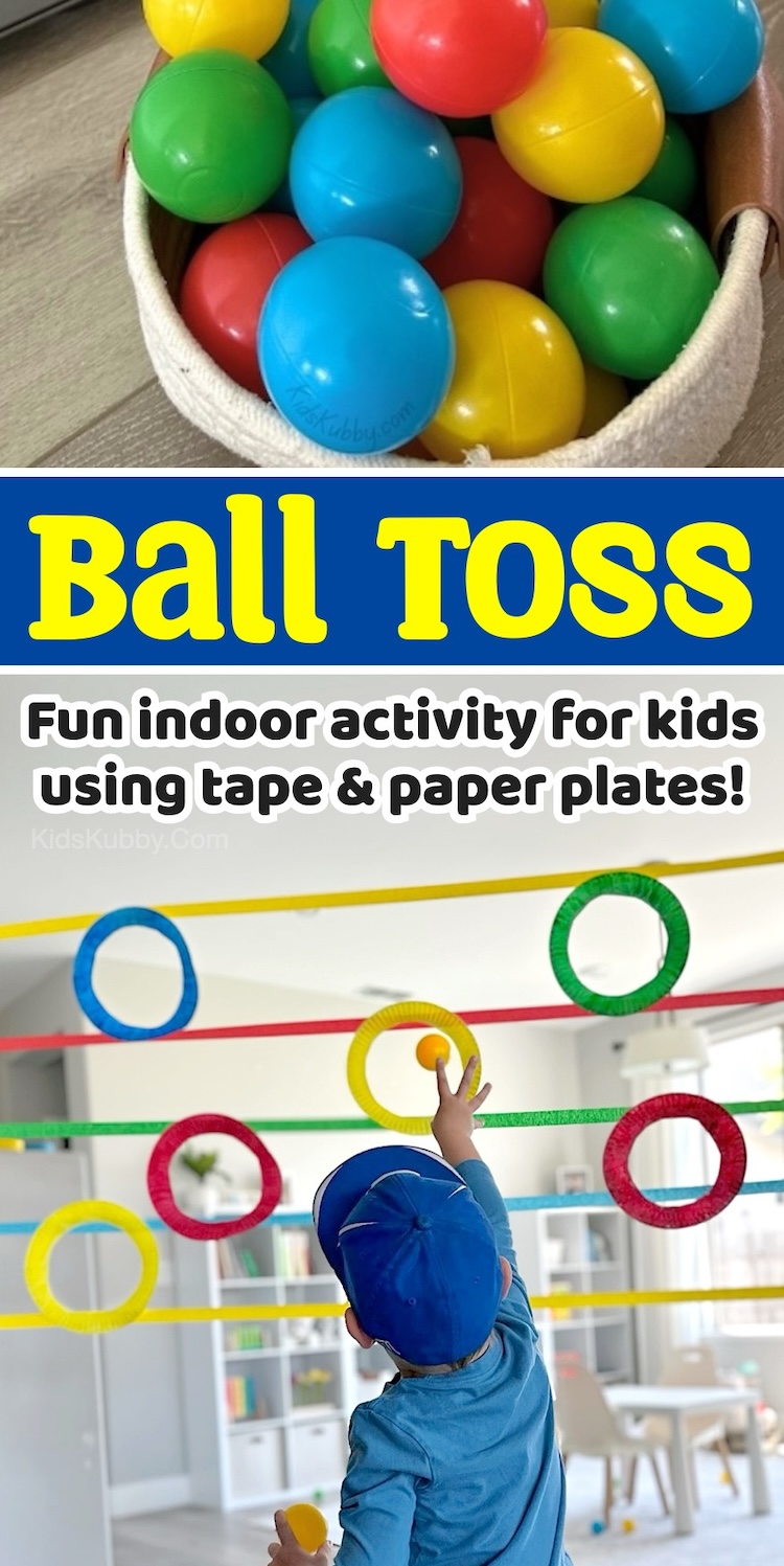 How to make a fun indoor game for kids with cheap supplies you have at home! Masking tape and paper plates. This creative activity keeps them busy at home when bored on rainy days. Let them shoot for the targets with ball pit plastic balls!