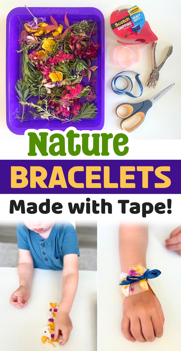 Nature Bracelets Made with Tape! A fun, easy, and cheap craft idea for kids of all ages. My preschoolers and toddlers had fun together on a nature walk collecting flowers, and then we simply made these creative bracelets with clear packing tape and ribbon!
