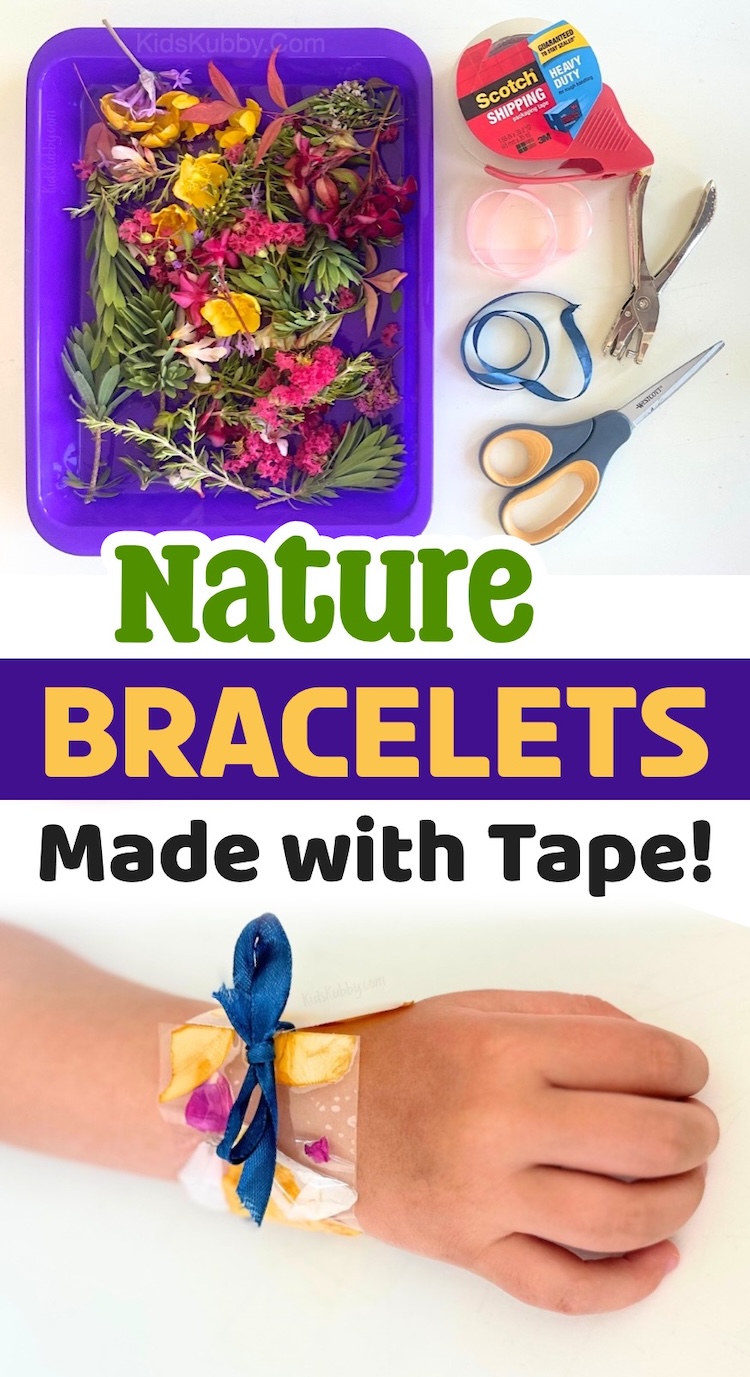 Nature Bracelet Craft for Kids to make with cheap supplies from home including clear tape and ribbon! A fun and easy project for toddlers, preschoolers, and even older kids who love to get crafty. 