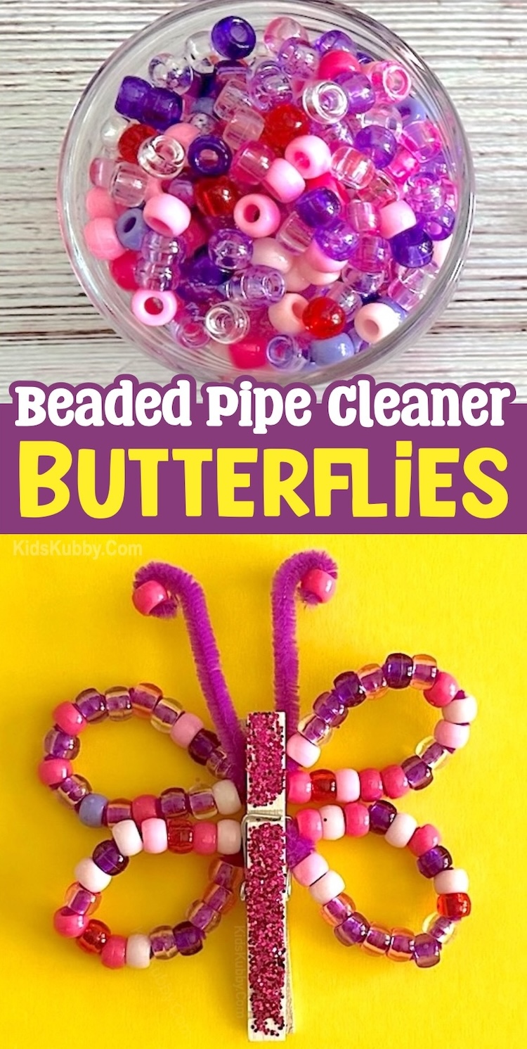 The next time your kids say "Mom, I'm bored" break out your crafting supplies and make these DIY colorful Butterflies. An excellent spring or summer time craft with lots of bright colors that kids of all ages can enjoy. I've included a step-by-step tutorial with lots of photos so it's easy to follow along. Don't worry, this craft is easy! Older, elementary age kids can do it all on their own. Your preschoolers will need a little help from a parent, but they love threading the pony beads onto the pipe cleaners. 