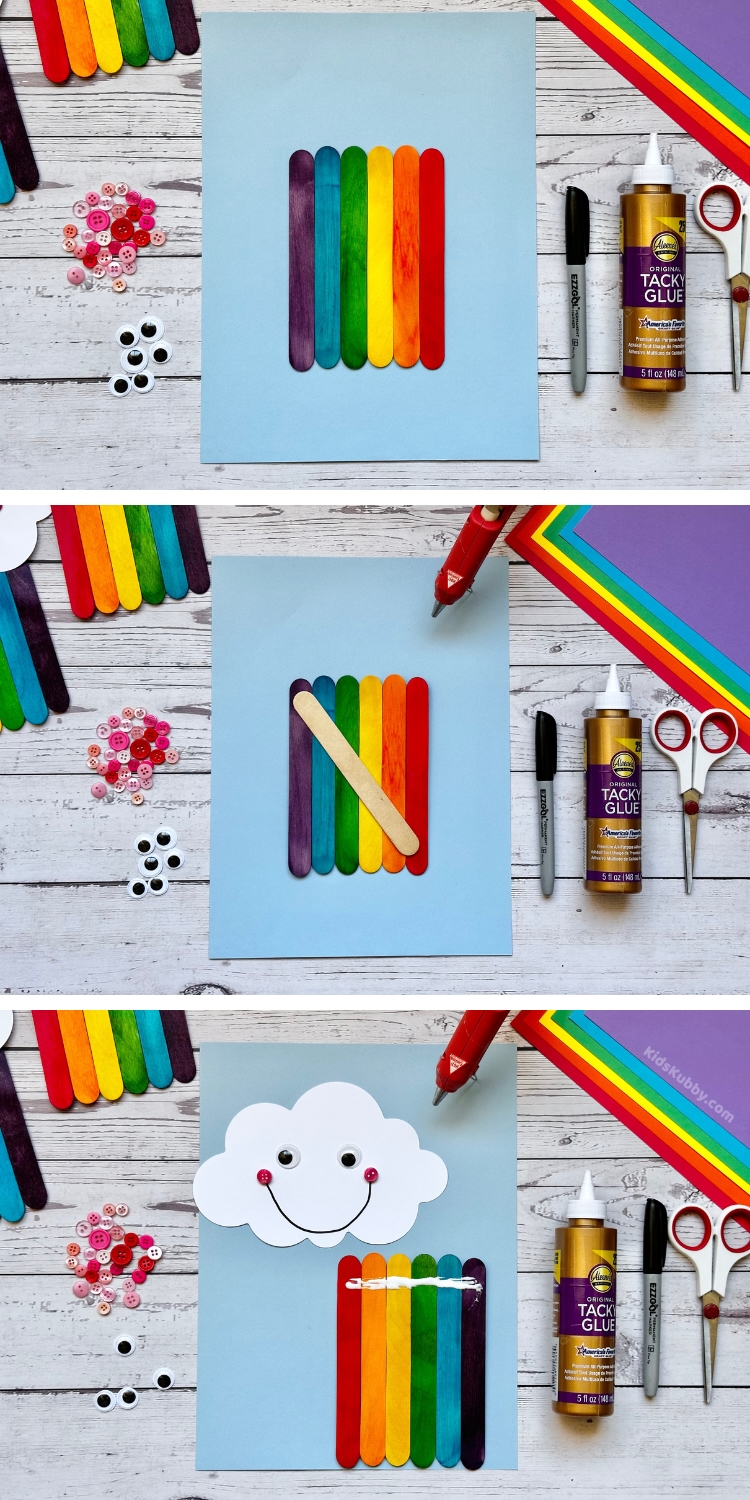 Are you looking for an easy craft idea for kids? Try making cloud and rainbow popsicle crafts. Using just a few cheap craft supplies you can make cute little rainbows to hang arounds the house to brighten your day. Check out the simple to follow tutorial for the perfect popsicle craft. 