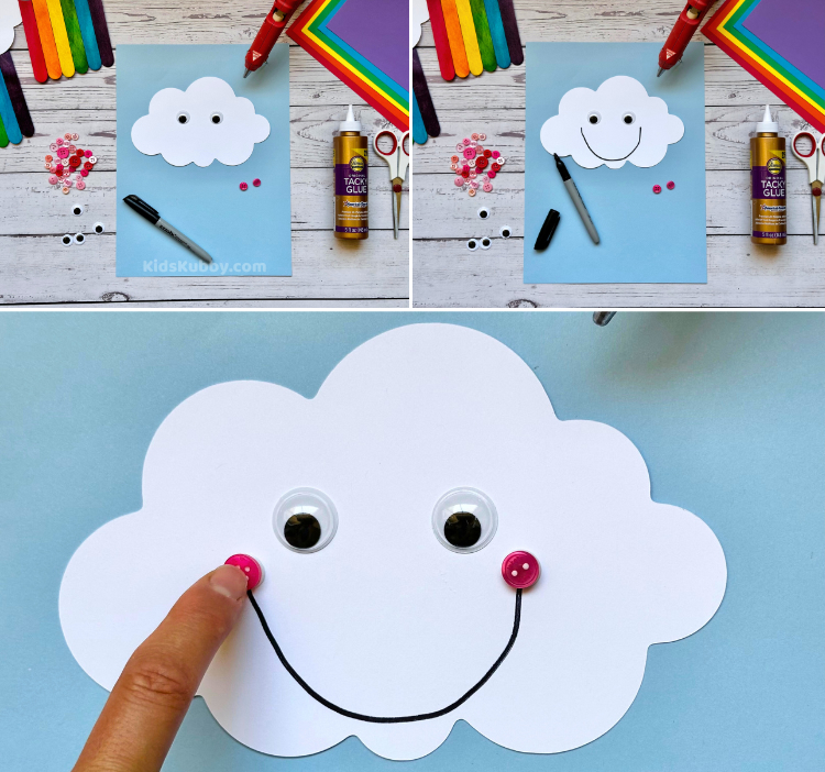 color popsicle sticks, white paper, googly eyes and pink buttons are all you need for the best rainbow craft ever. 