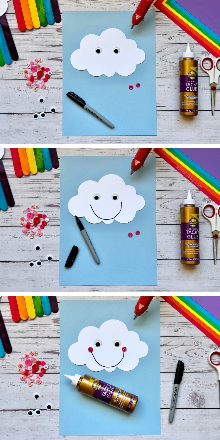 How to make popsicle stick rainbows with cute clouds on top. Rainbow colored jumbo popsicle sticks are the perfect cheap art supply for so many projects. Kids will love making rainbows with this versatile craft supply. A 5 minute craft for kids. 