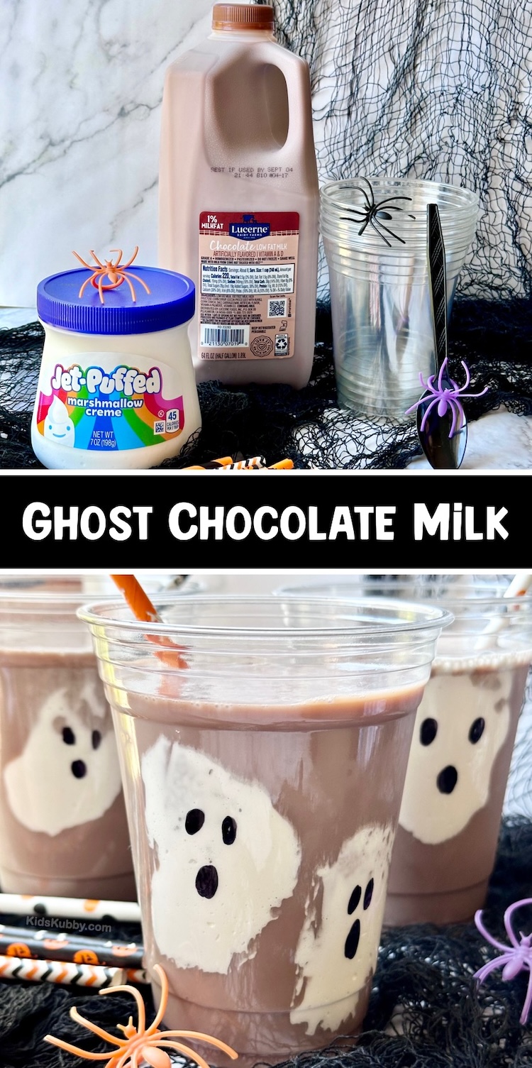 Ghost chocolate milk is easy to make with just 2 cheap ingredients. spread marshmallow fluff, draw on eyes, and pour chocolate milk to make a spooky treat. 