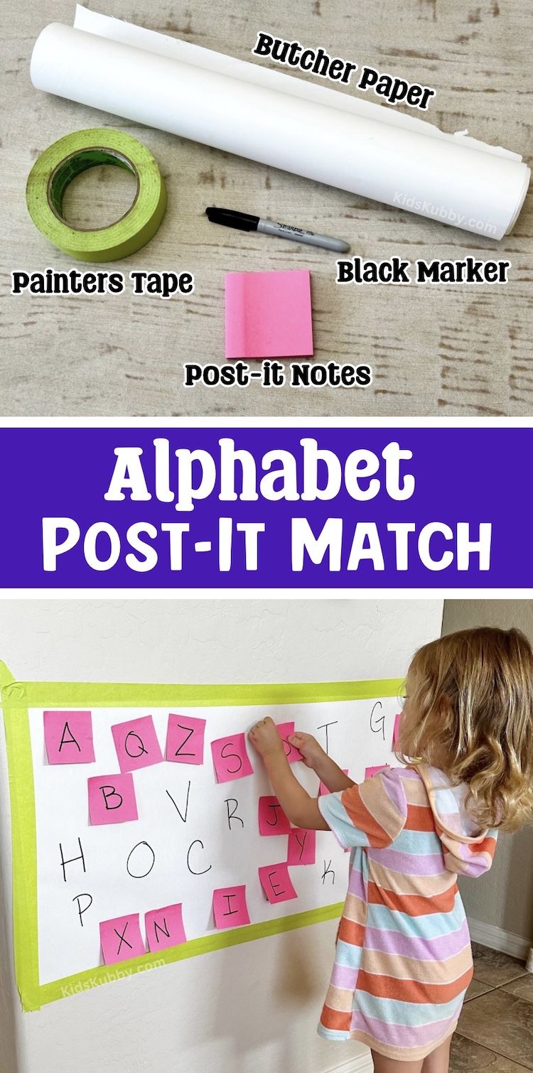 Check out this awesome at home literacy activity using just butcher paper and post-it notes! my kids love this game so much and it helps with letter recognition!  