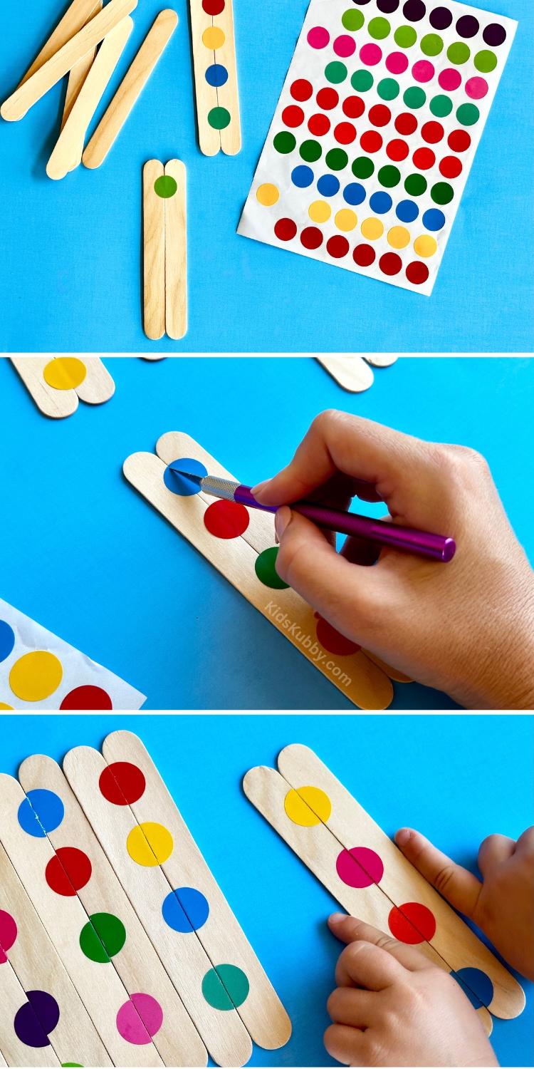 Check out this awesome activity for kids! Perfect for 2-4 year olds, this fun DIY game helps with pattern recognition, hand eye coordination, and problem solving skills. The perfect activity to take to restaurants, plane rides, and in the car. 