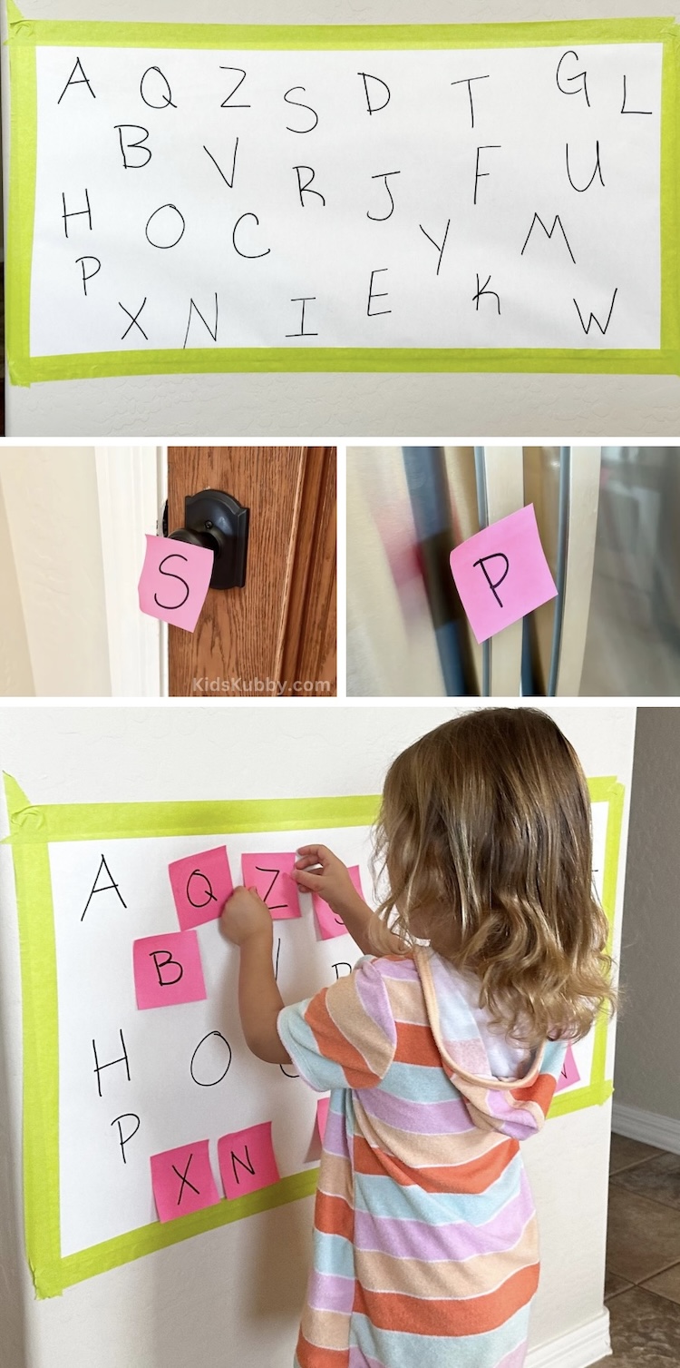 I can't believe how easy this alphabet post-it note matching game is to make! With just butcher paper, post-its, tape, and a marker, you can create a literacy game that helps kids recognize letters!