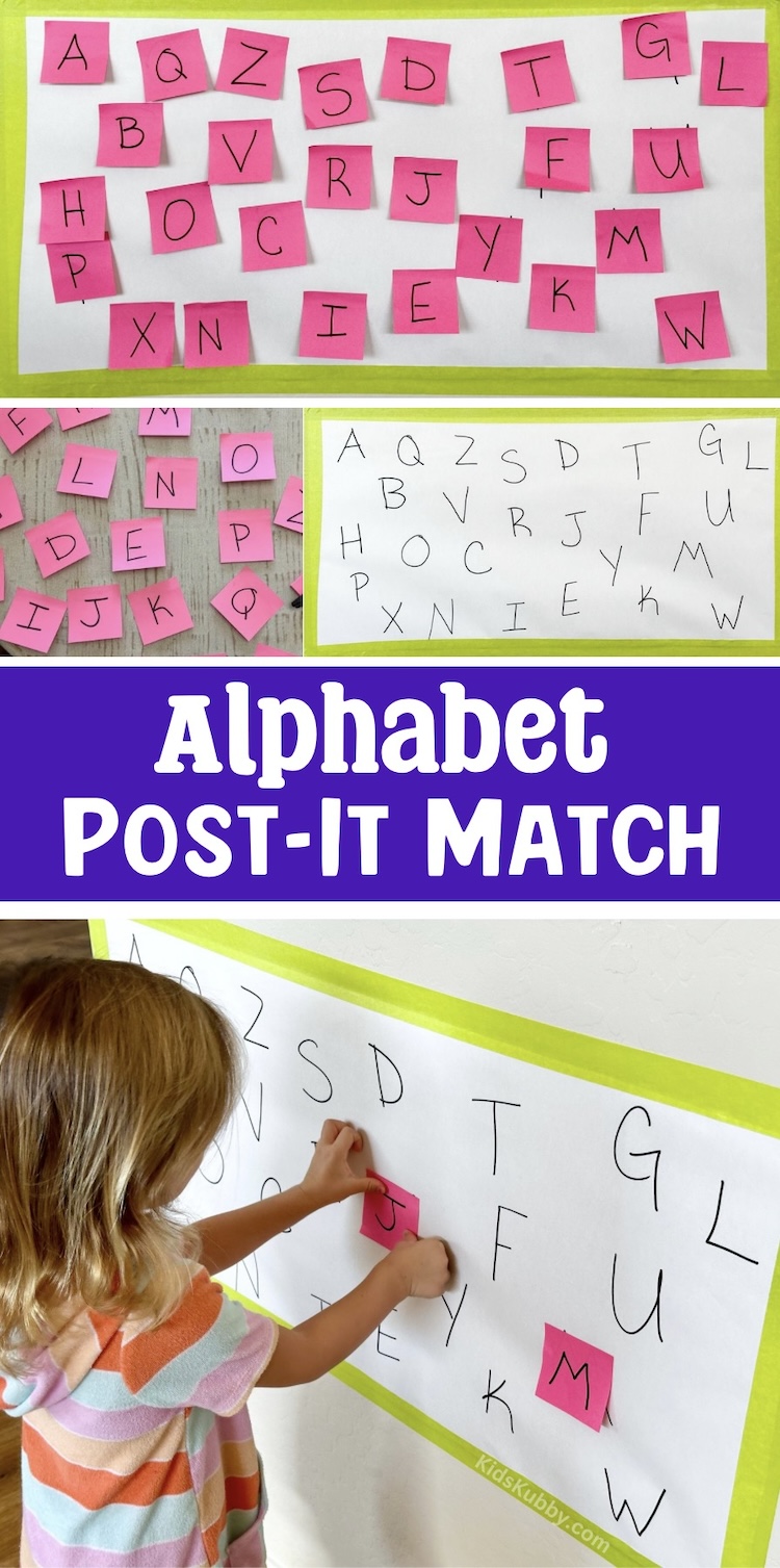 aAre you looking for a fun indoor activity for kids that also helps them learn the alphabet? Well this easy post-it note matching game is perfect! A cheap game for kids!