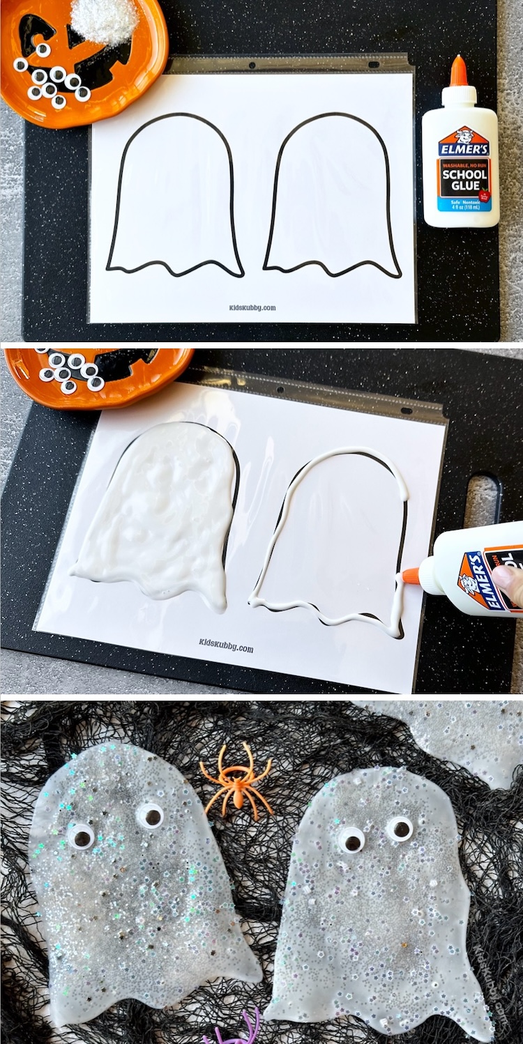 How to make the cutest halloween ghost craft with just glue, glitter, and googly eyes. A craft idea that kids will love. Perfect for Halloween classroom crafts. 