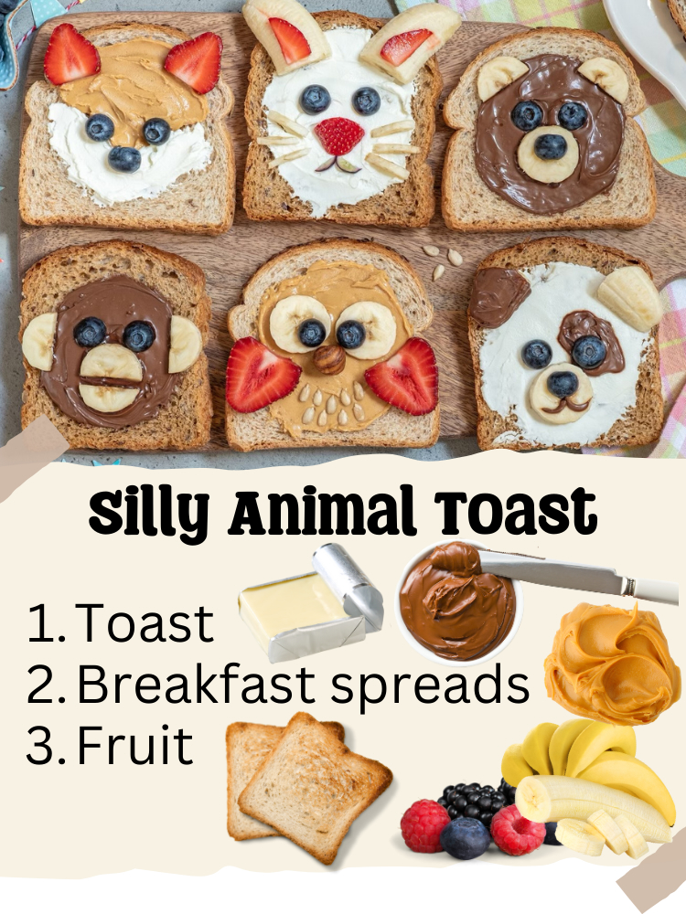 A funny breakfast idea for kids that's sure to bring a smile to their faces. With just a few simple ingredients you can make cute animal faces for your kids to eat! How fun!