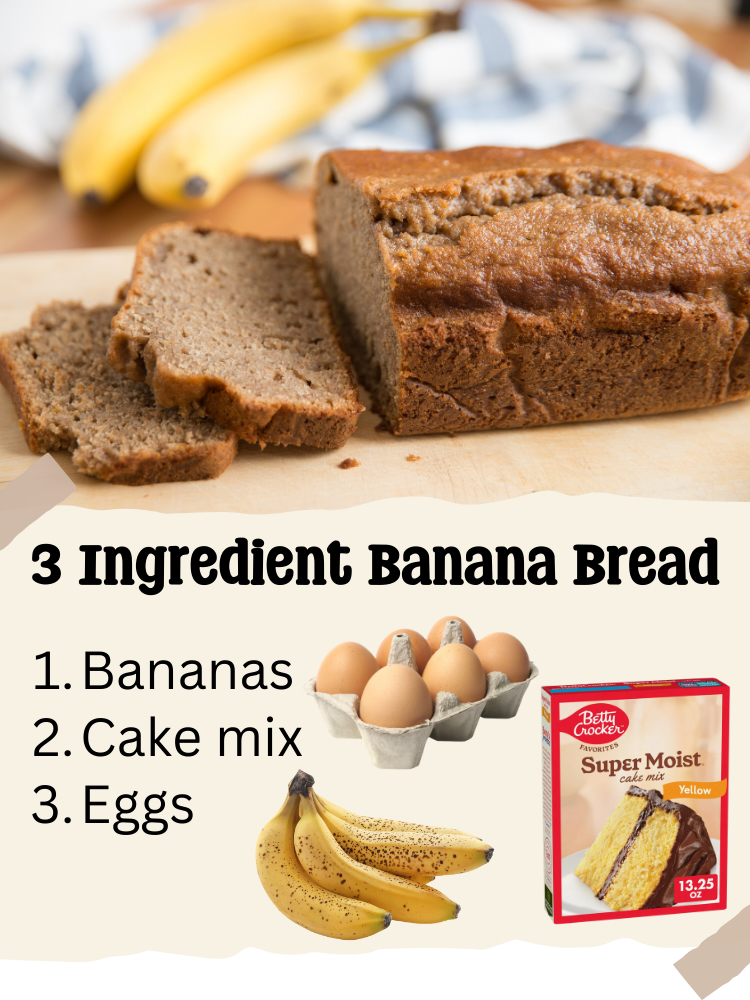 This may be my favorite was to make banana bread ever! this bread turns out moist and fluffy and it only has 3 ingredients. Add nuts, dried fruit, or even chocolate chips to make this the best banana bread recipe in the world!