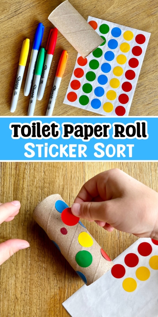 A sorting game for toddlers that also helps with fine motor skills, yes please! Toilet paper roll color sort is an easy activity for kids using dot stickers to learn and sort colors. Preschool readiness activity. 