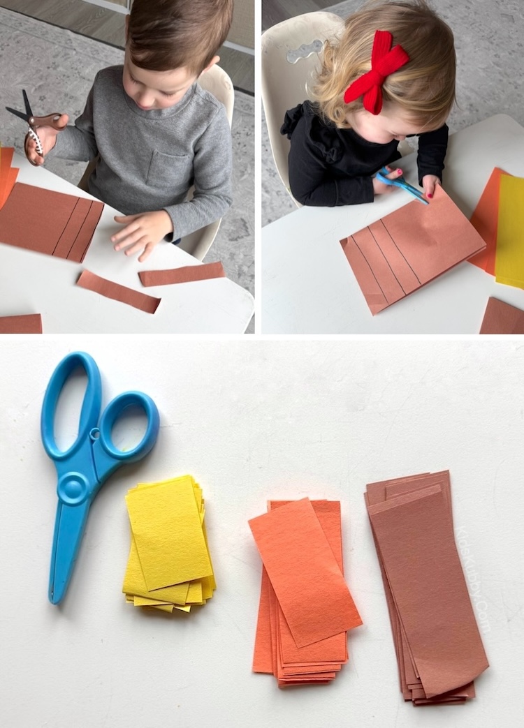 Step one of making paper plate lions, cutting the strips for the mane with colorful constructions paper. 