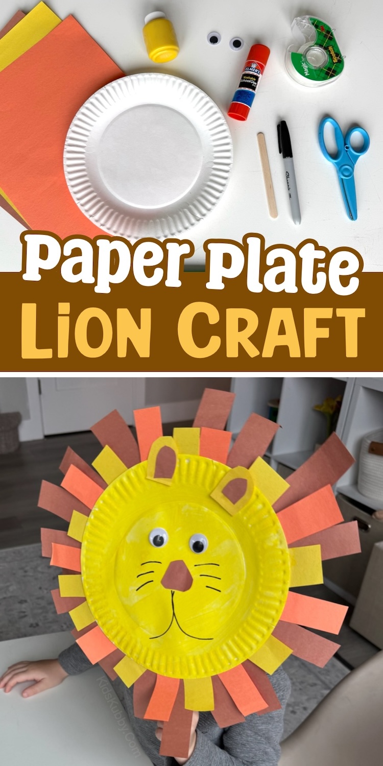 If you're looking for fun and easy animal craft ideas for kids, check out these colorful paper plate lions! The furry mane is made with constructions paper. Adds some googly eyes and draw on a face to make them come alive. We also added a popsicle stick so they could use them as masks for play time. 