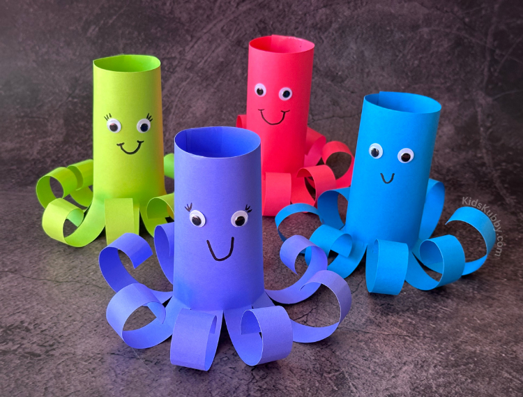 colorful paper roll octopus craft for kids with wiggly tentacles and googly eyes.