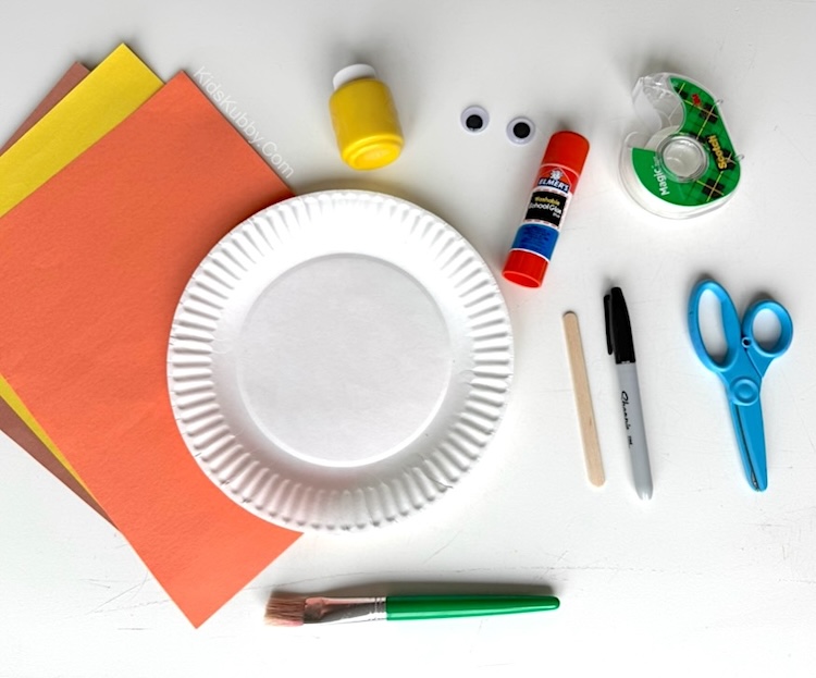 How to make paper plate lions with constructions paper, paint, a glue stick, and googly eyes. 