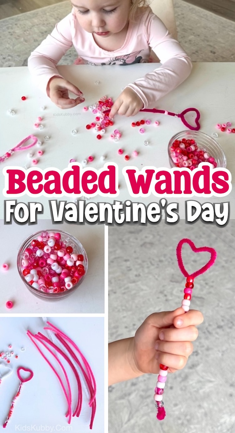 If you're looking for fun and easy Valentine's Day crafts for kids to make, try these magical heart wands made with fuzzy pipe cleaners and pony beads. Great for kids of all ages! My preschoolers had a blast making them together, plus they get to practice their fine motor skills when lacing the beads. 