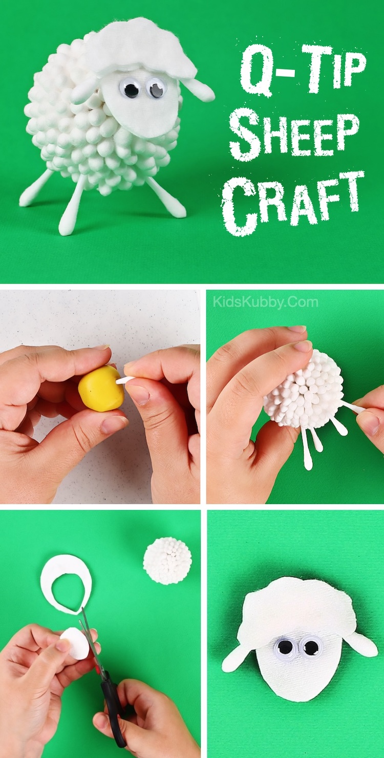 How to make fuzzy little farm animal sheep with q-tips! This easy craft is simple to make at home for crafty kids between 5 and 12 years old. Once finished, you have an adorable sheep that can hang out on a bookshelf, desk, or anywhere else in the house you want to display your craftiness. 